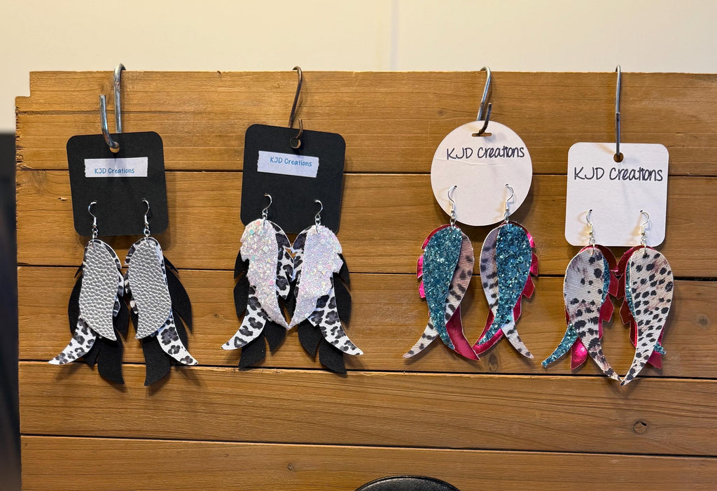 Leopard & Cheetah Print Faux Leather Layered Feather Dangle Earrings - Glitter & Boho Western