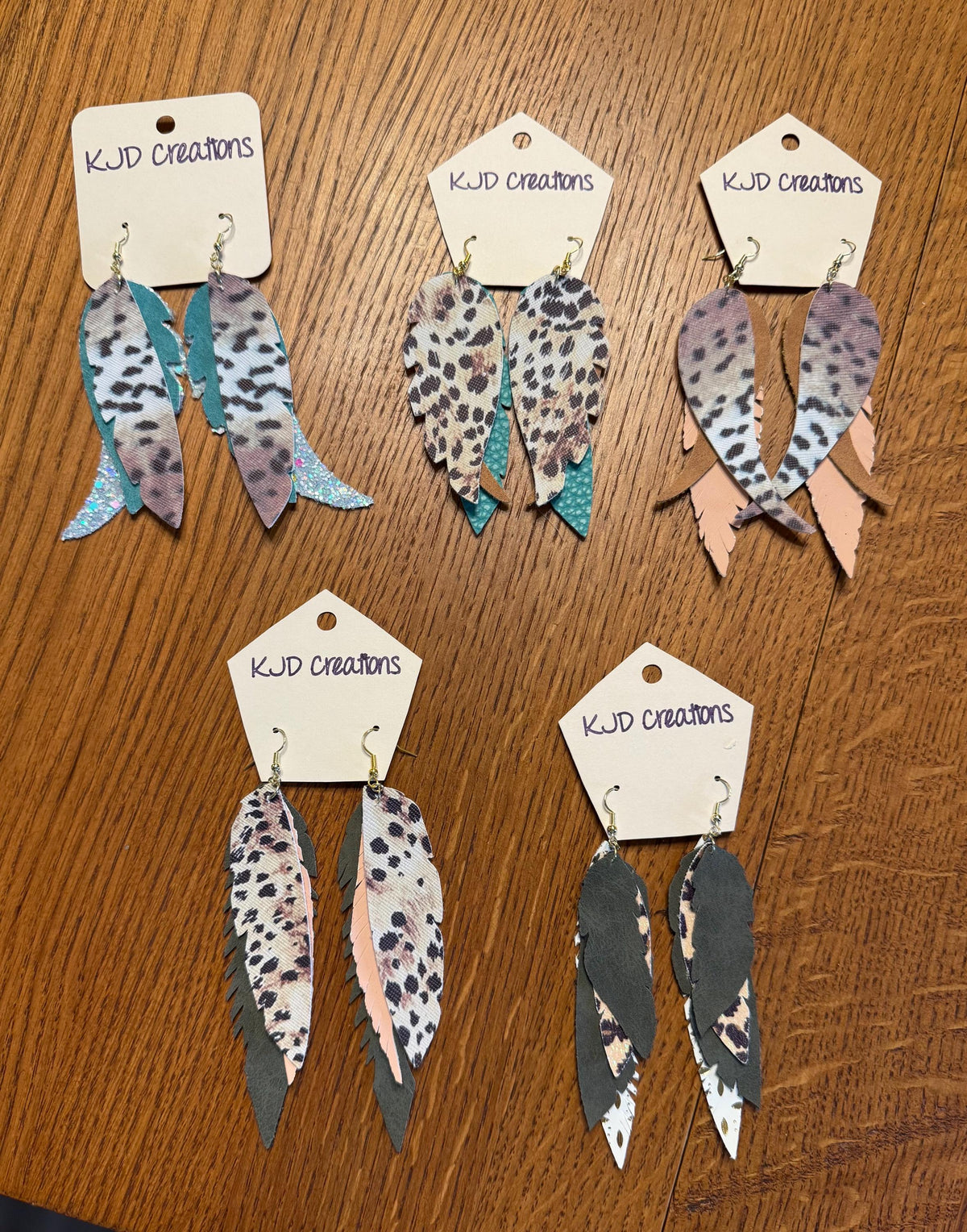 Leopard & Cheetah Print Faux Leather Layered Feather Dangle Earrings - Turquoise, Pink & Earth Tones