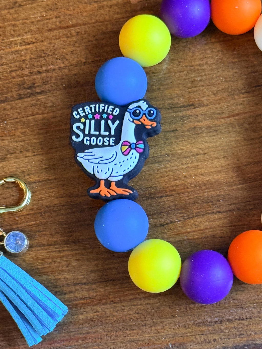 Silly Goose Silicone Beaded Wristlet Bracelet Keychain with Leather Tassel & Crystal Accent