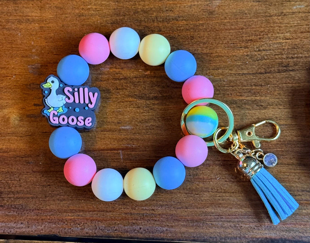 Silly Goose Silicone Beaded Wristlet Bracelet Keychain with Leather Tassel & Crystal Accent