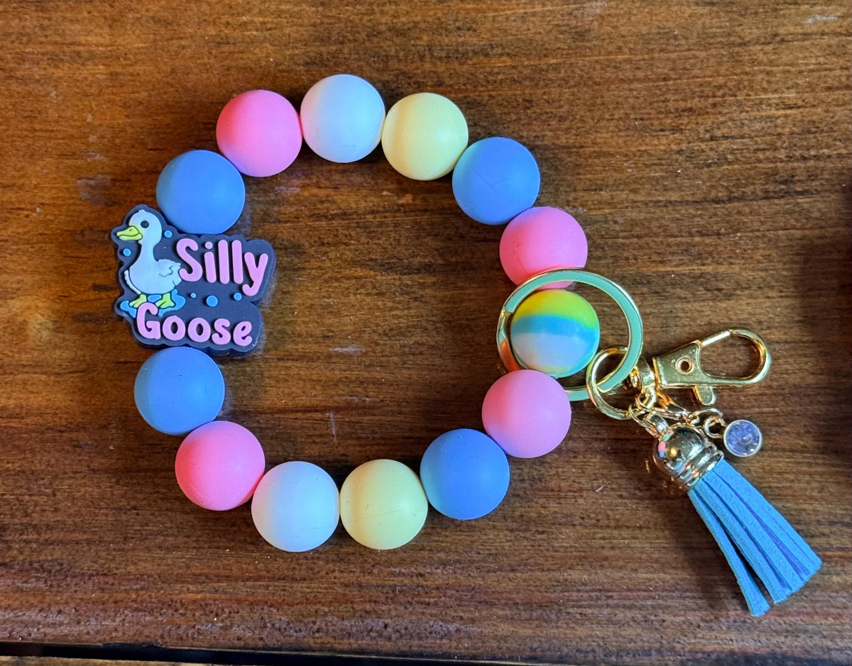 Silly Goose Silicone Beaded Wristlet Bracelet Keychain with Leather Tassel & Crystal Accent