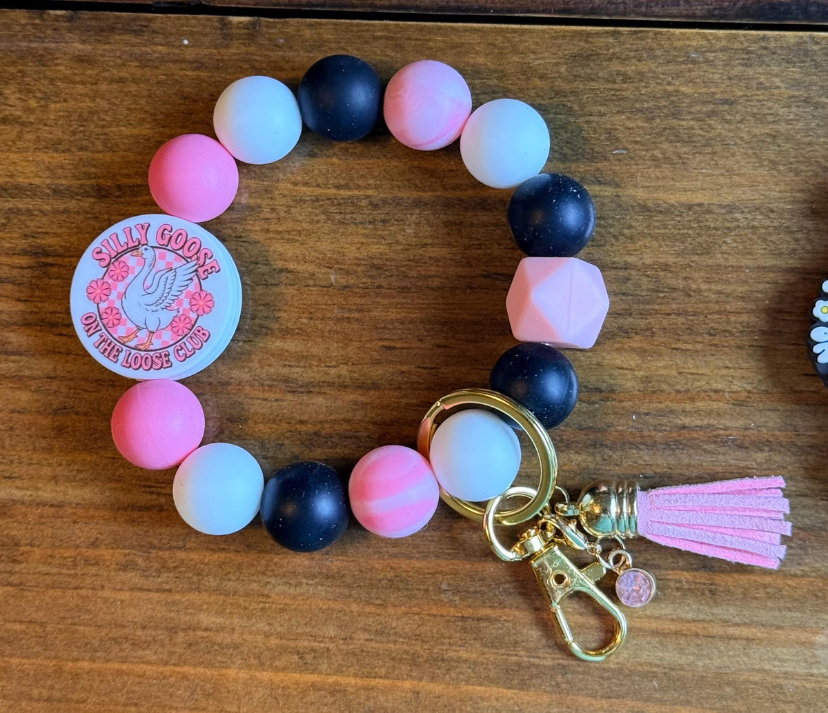 Silly Goose Silicone Beaded Wristlet Bracelet Keychain with Leather Tassel & Crystal Accent
