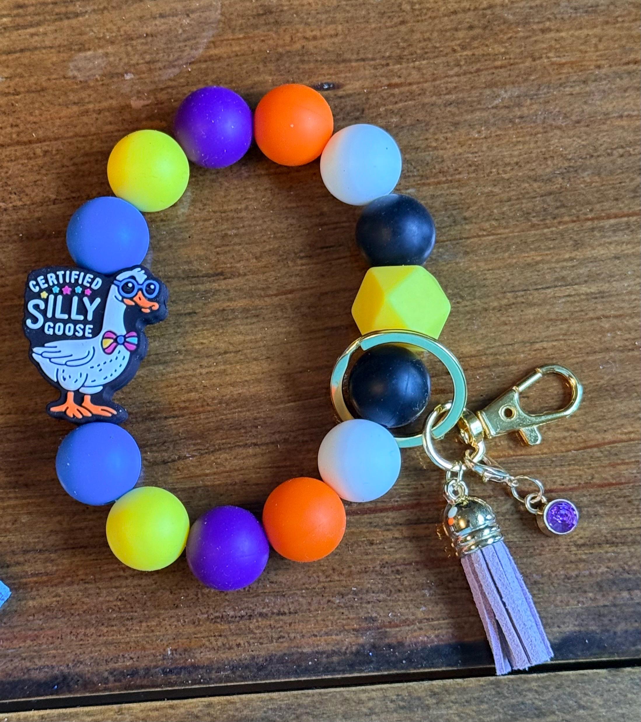 Silly Goose Silicone Beaded Wristlet Bracelet Keychain with Leather Tassel & Crystal Accent