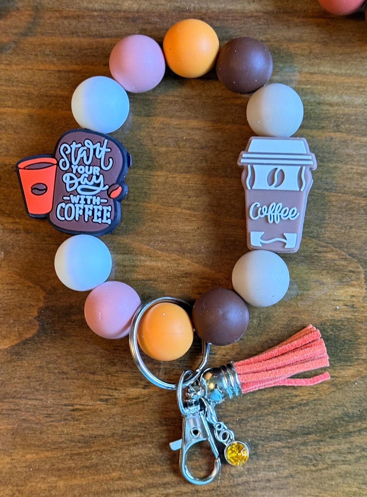 Coffee Lover Brown Coffee Cup Silicone Beaded Wristlet Bracelet Keychain | Leather Tassel & Crystal Jewel