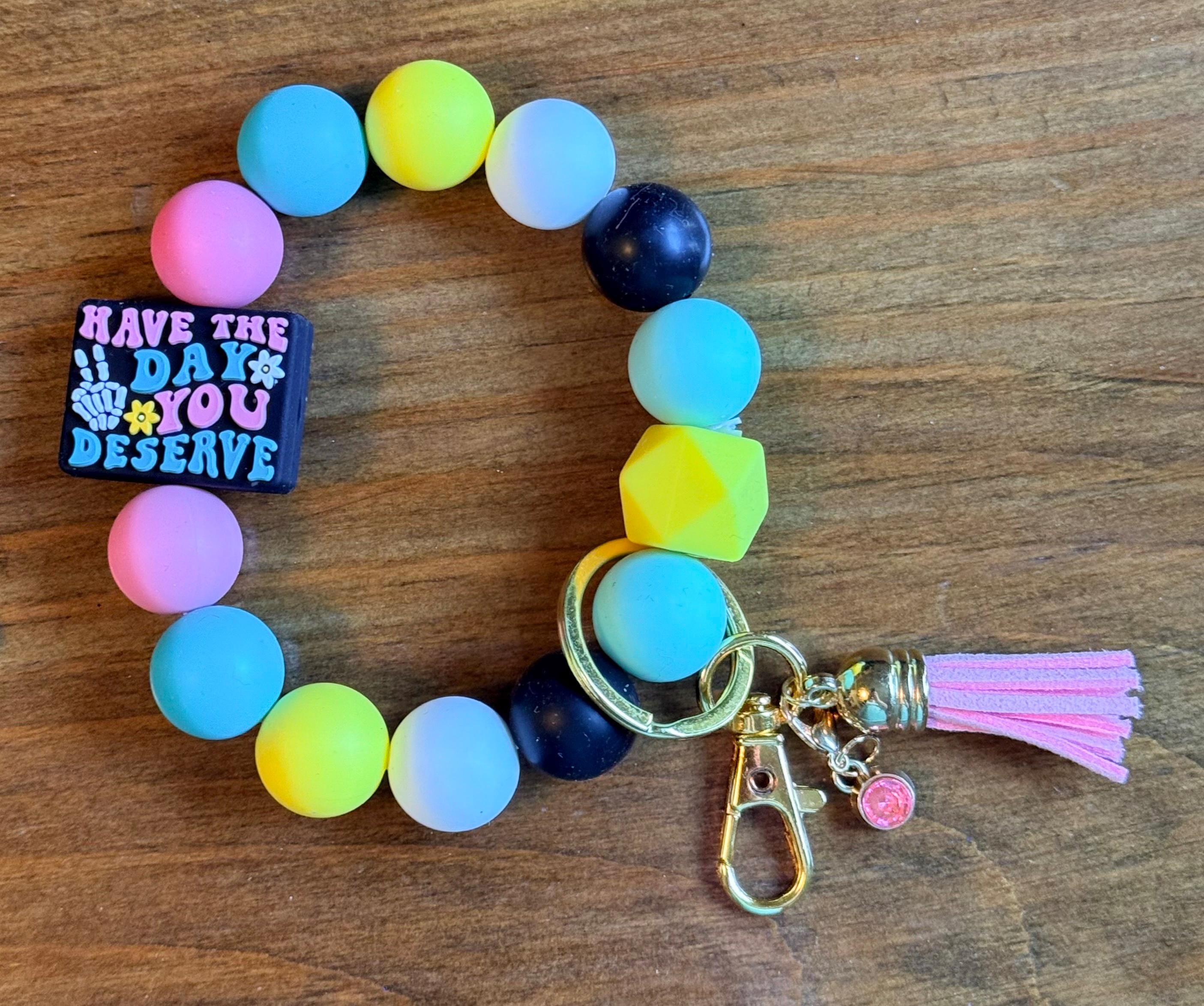 Skeleton Hand Peace Sign Silicone Beaded Wristlet Keychain with Leather Tassel - "Have the Day You Deserve"