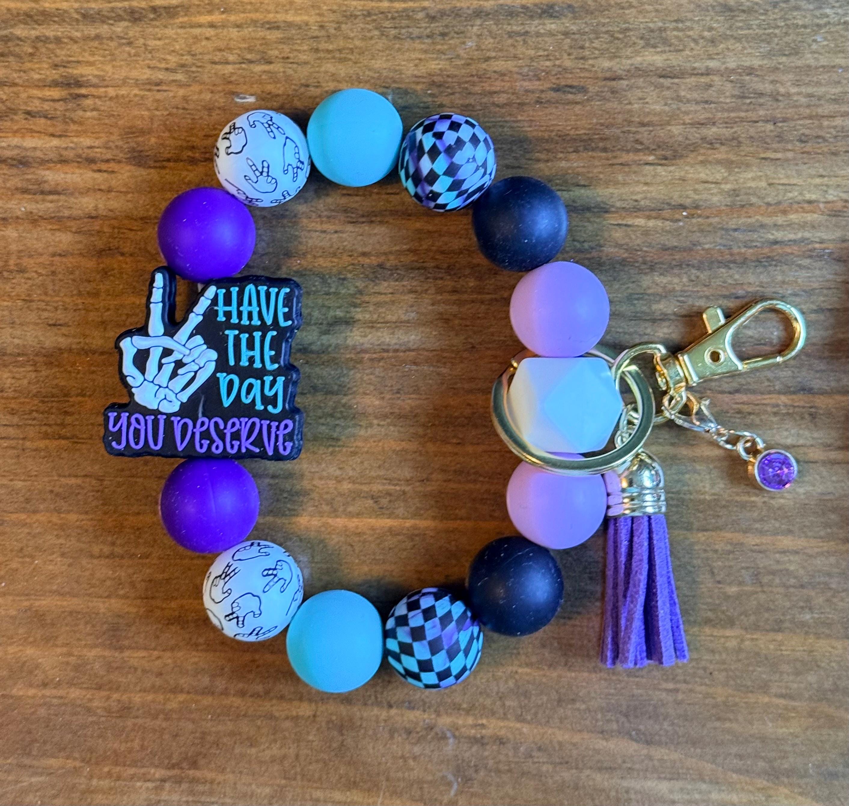 Skeleton Hand Peace Sign Silicone Beaded Wristlet Keychain with Leather Tassel - "Have the Day You Deserve"