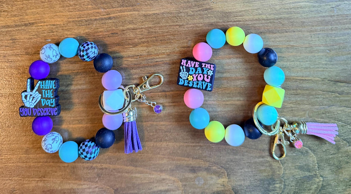 Skeleton Hand Peace Sign Silicone Beaded Wristlet Keychain with Leather Tassel - "Have the Day You Deserve"