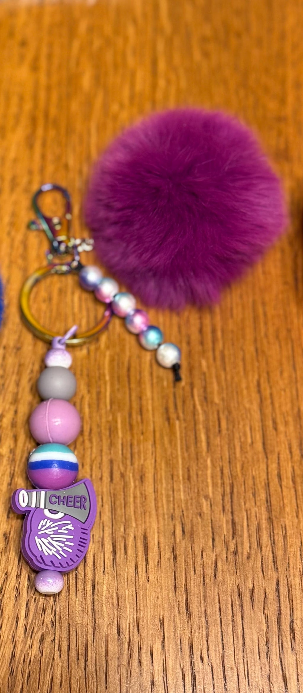 Cheerleading Silicone Beaded Keychain with Fuzzy Pom Pom Accents