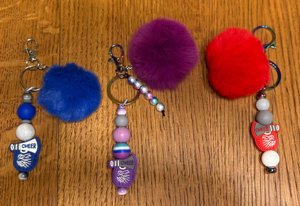 Cheerleading Silicone Beaded Keychain with Fuzzy Pom Pom Accents