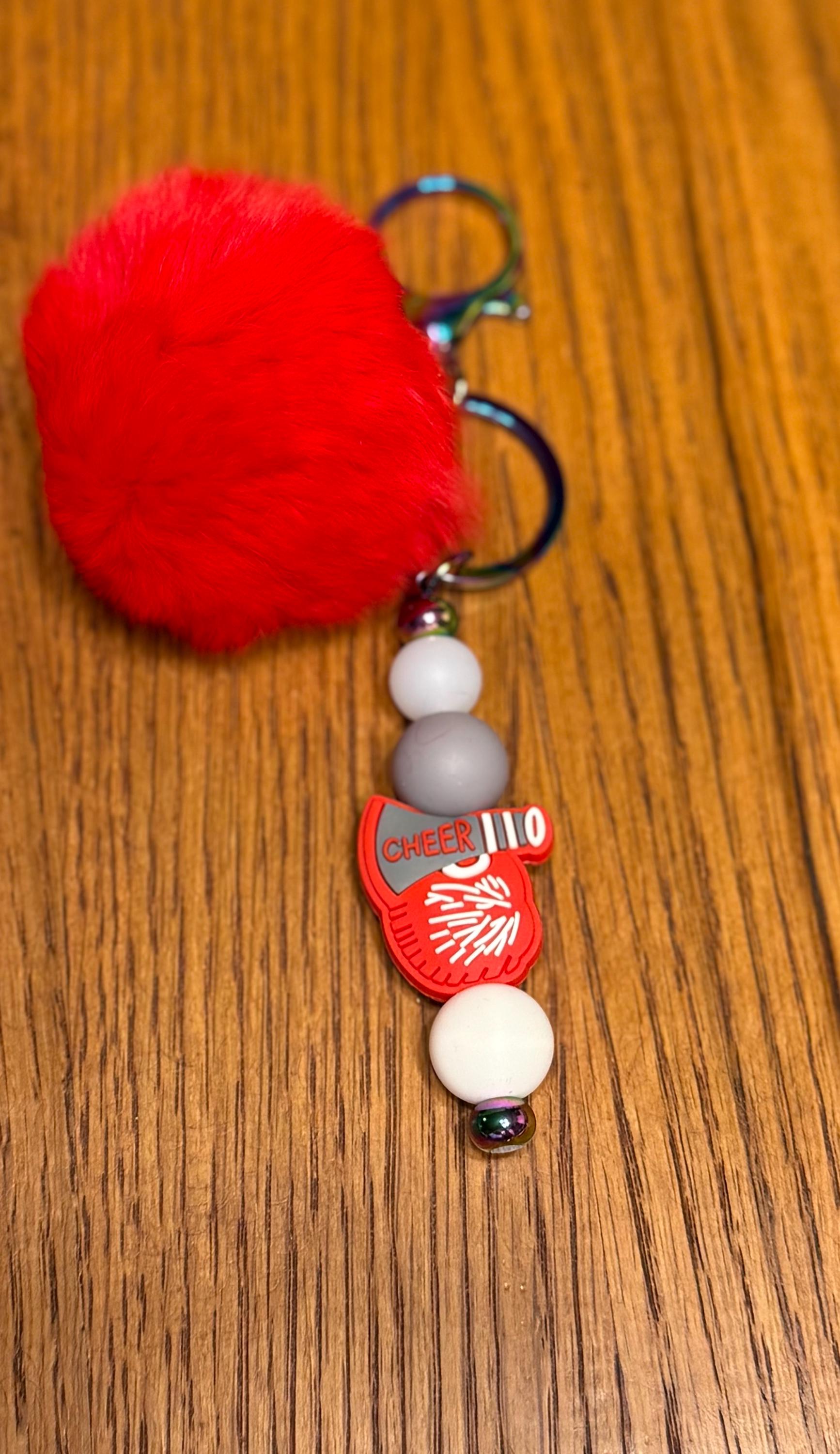 Cheerleading Silicone Beaded Keychain with Fuzzy Pom Pom Accents