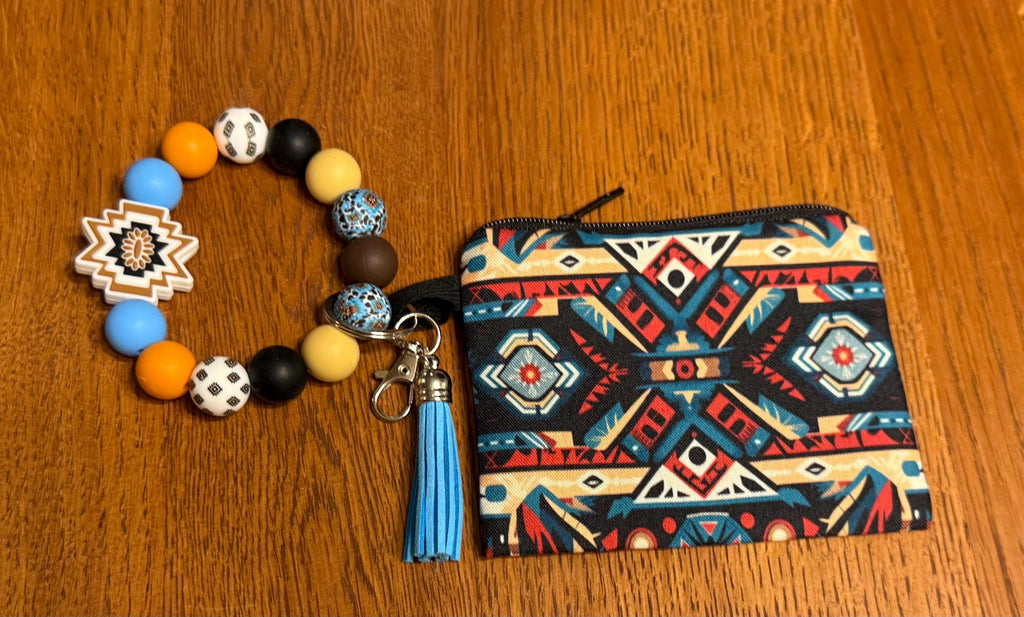 Western Boho Aztec Silicone Beaded Wristlet Keychain with Coin Purse & Leather Tassel
