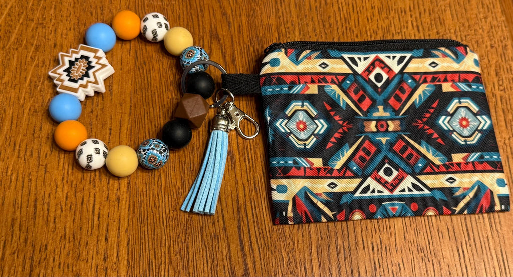 Western Boho Aztec Silicone Beaded Wristlet Keychain with Coin Purse & Leather Tassel