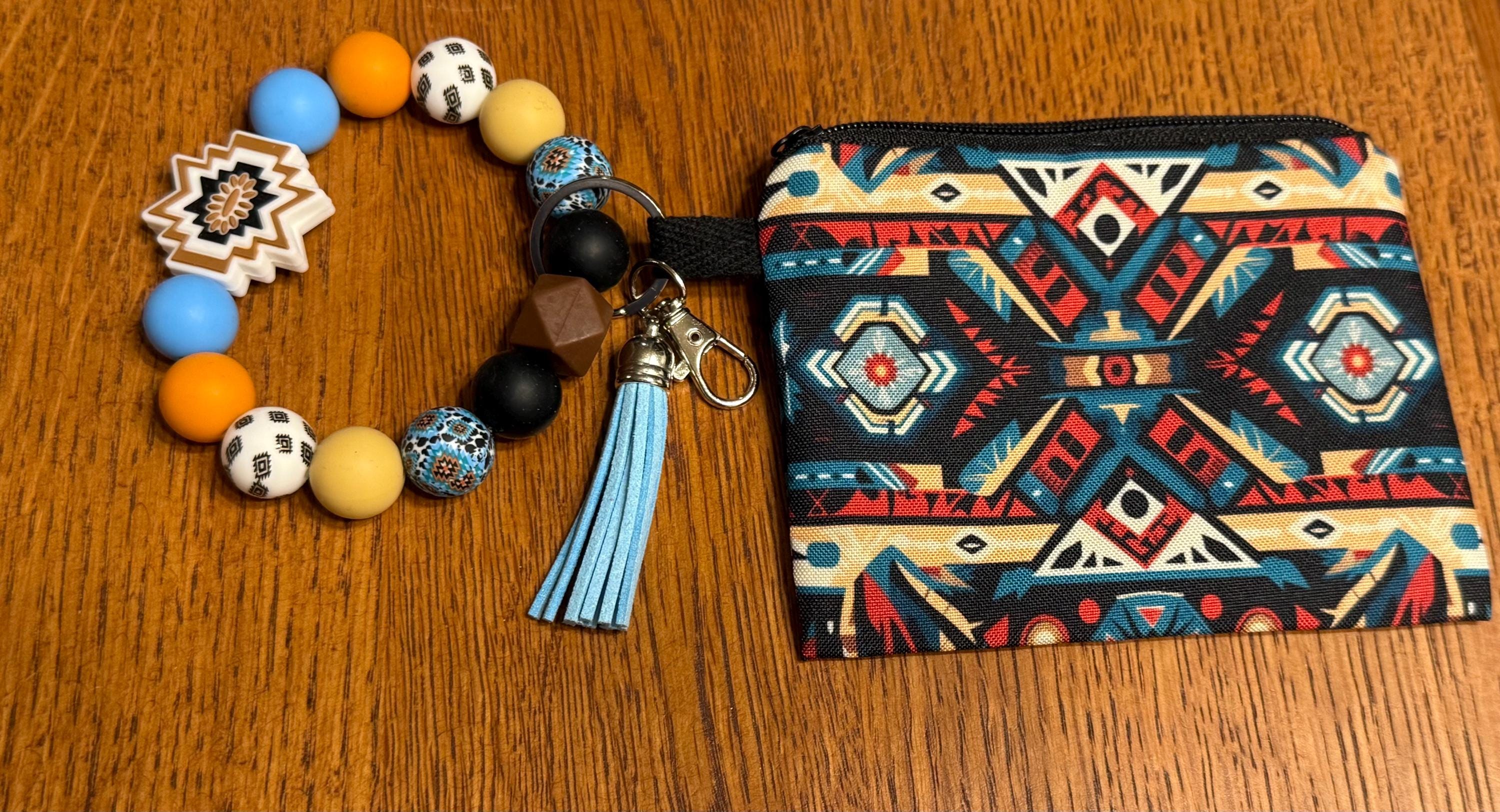 Western Boho Aztec Silicone Beaded Wristlet Keychain with Coin Purse & Leather Tassel