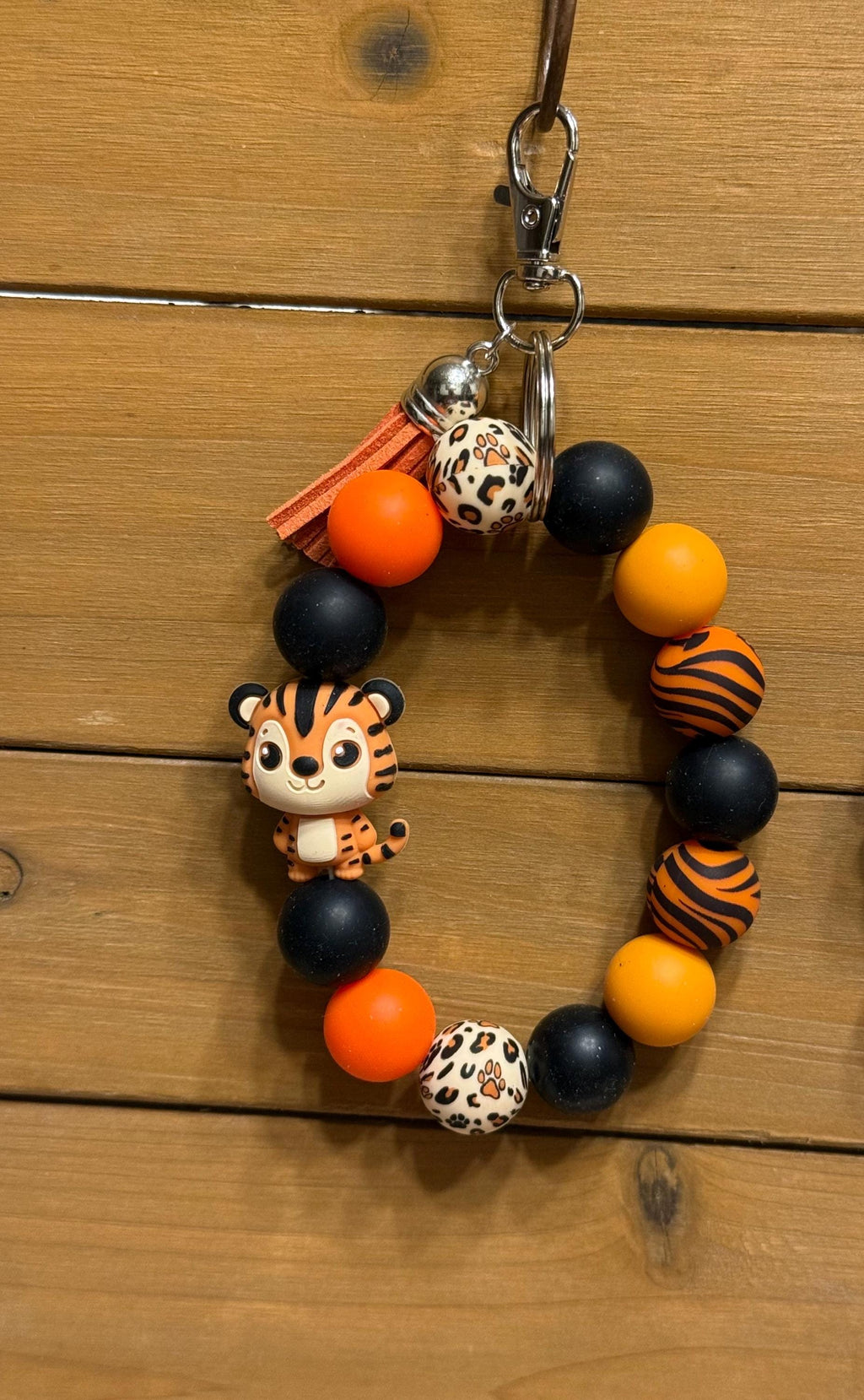 Orange & Black Tiger Striped Silicone Beaded Wristlet Keychain with Leather Tassel
