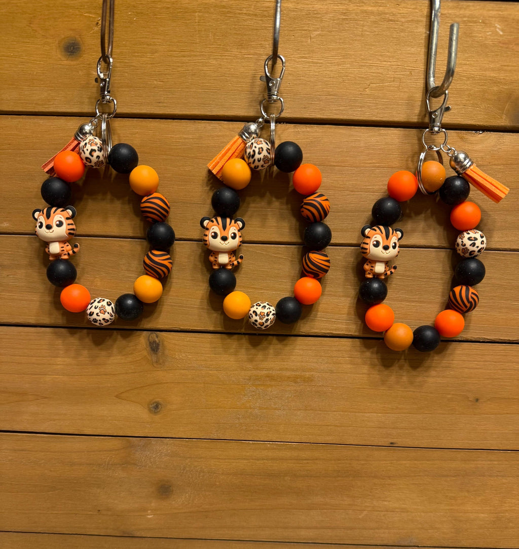 Orange & Black Tiger Striped Silicone Beaded Wristlet Keychain with Leather Tassel