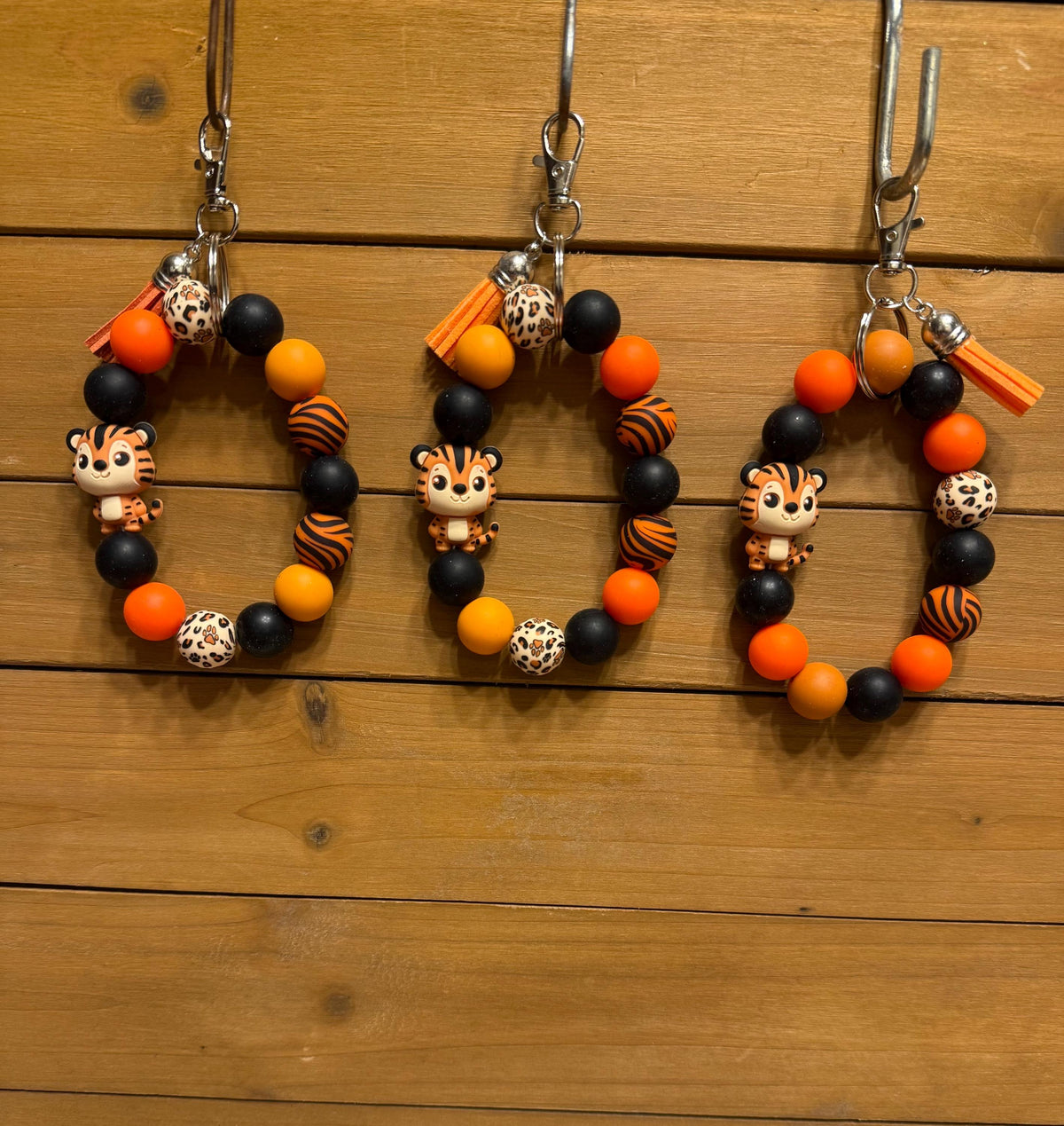 Orange & Black Tiger Striped Silicone Beaded Wristlet Keychain with Leather Tassel