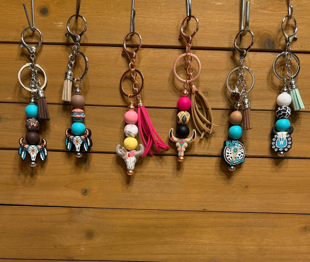 Western Longhorn Steer Skull Silicone Beaded Keychain with Leather Tassel