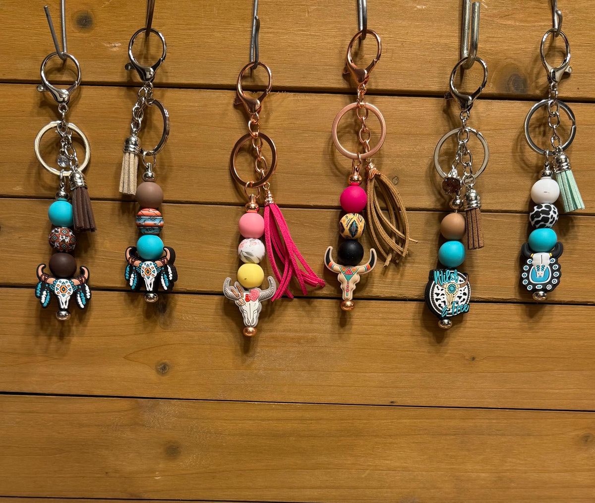 Western Longhorn Steer Skull Silicone Beaded Keychain with Leather Tassel