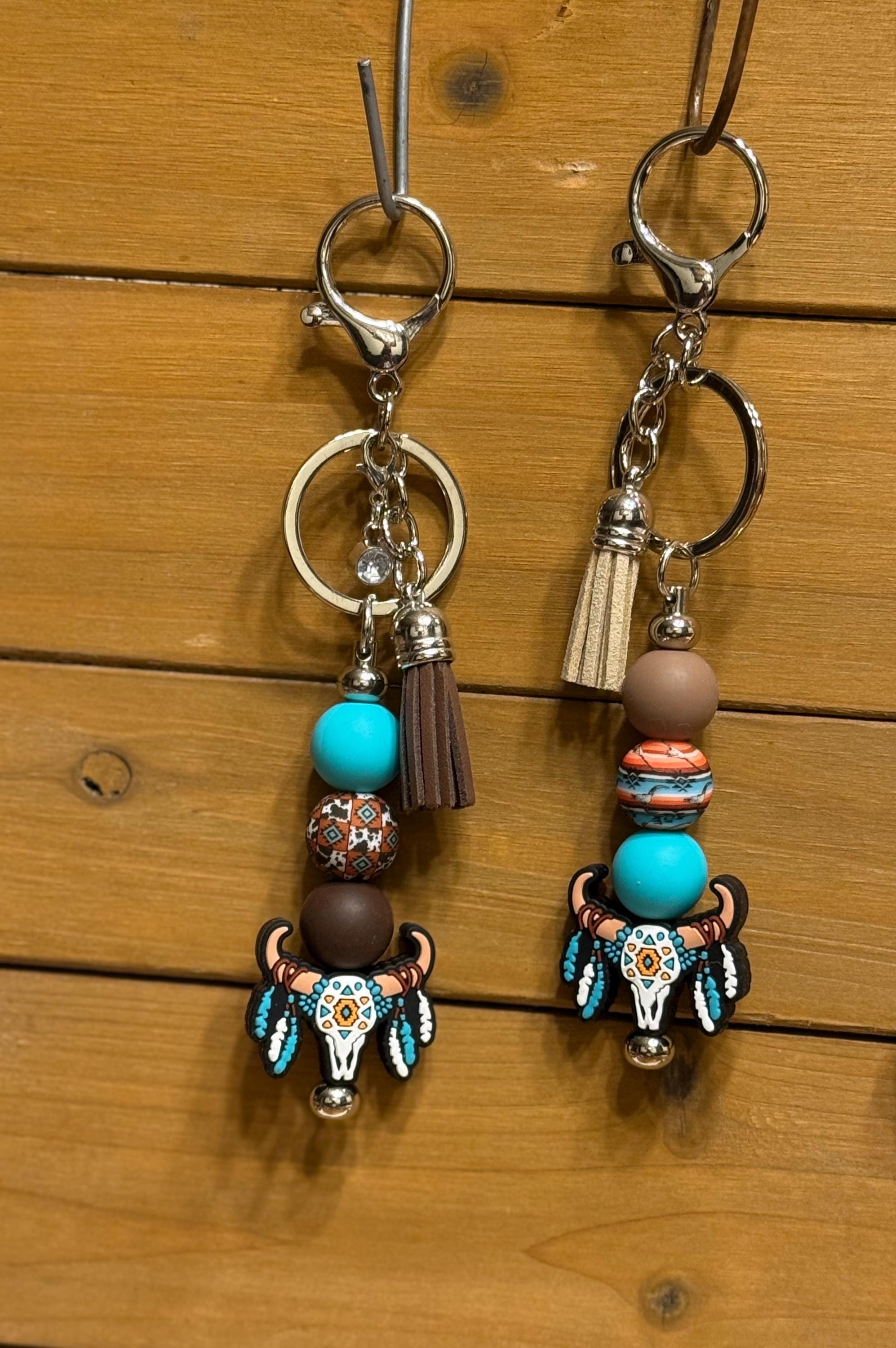 Western Longhorn Steer Skull Silicone Beaded Keychain with Leather Tassel