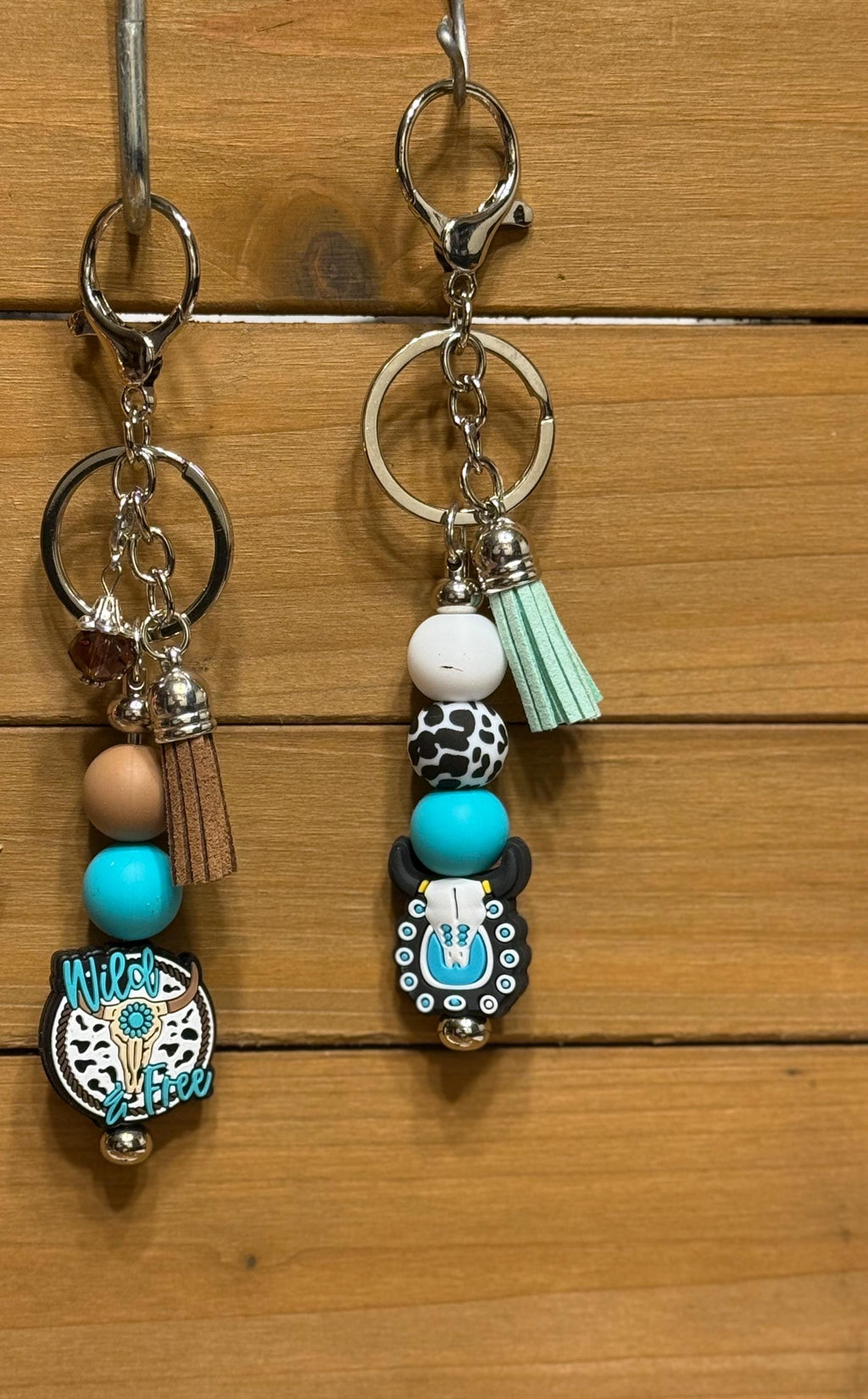 Western Longhorn Steer Skull Silicone Beaded Keychain with Leather Tassel
