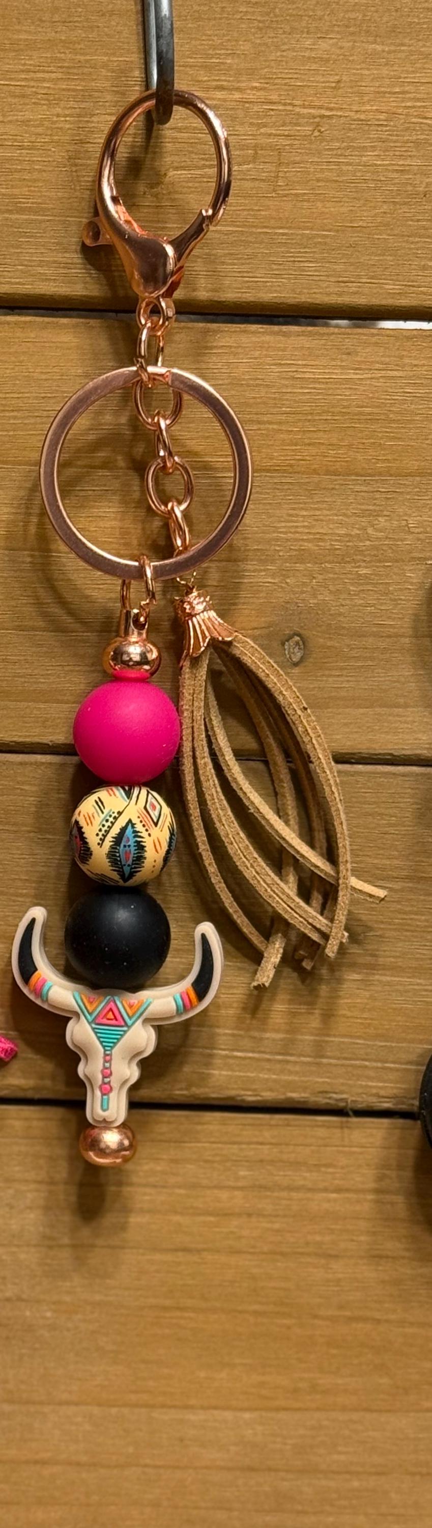 Western Longhorn Steer Skull Silicone Beaded Keychain with Leather Tassel