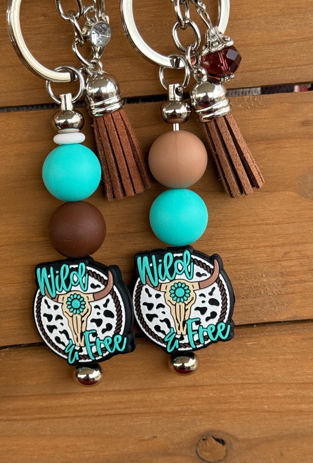 Western Longhorn Steer Skull Silicone Beaded Keychain with Leather Tassel