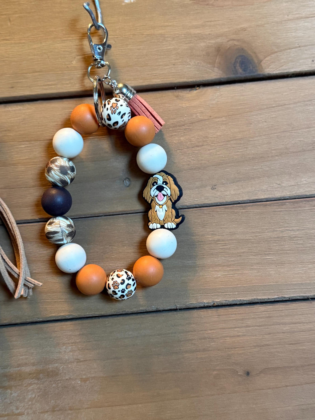 Goldendoodle Labradoodle Dog Silicone Beaded Keychain & Wristlet with Leather Tassel