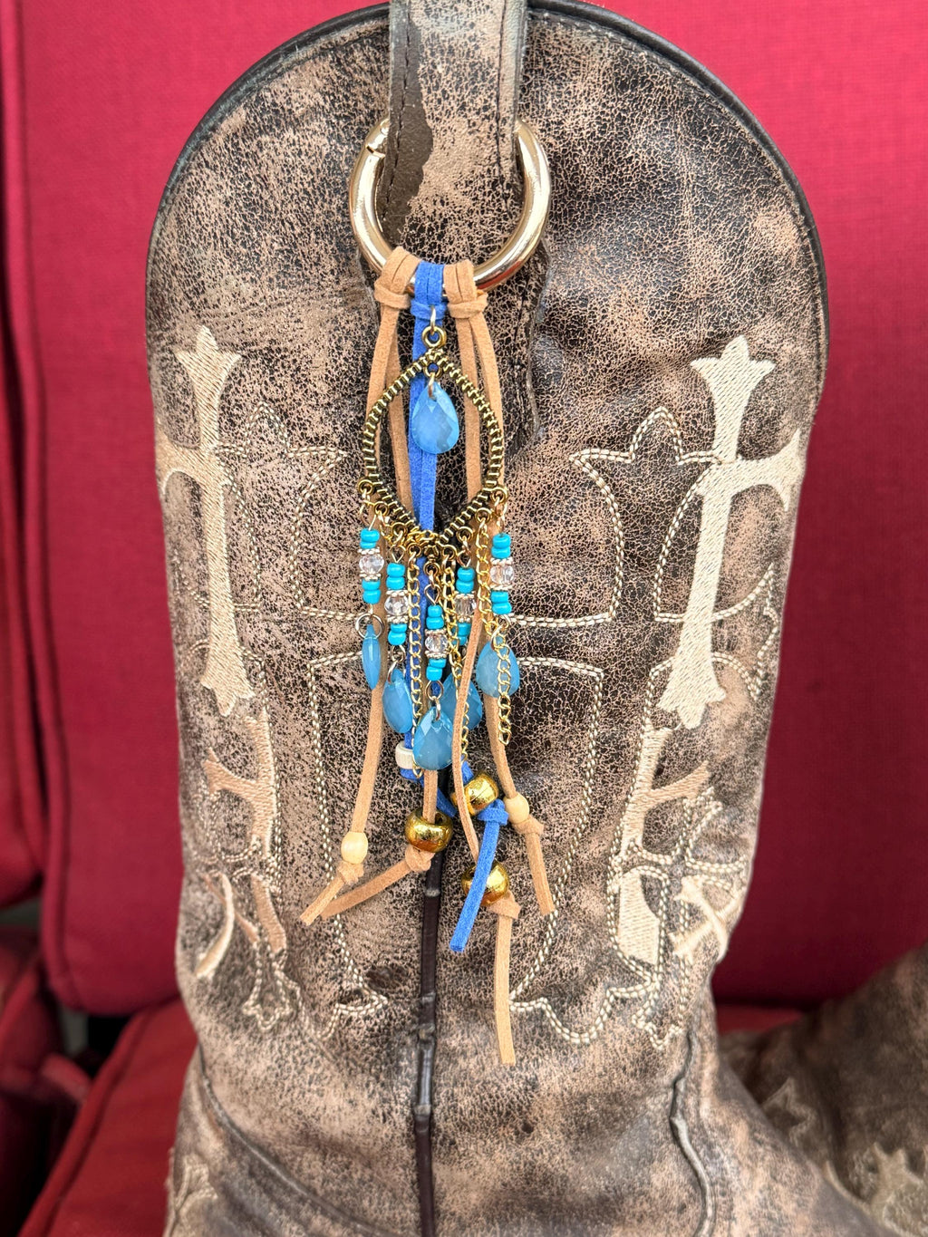 Blue & Gold Leather Fringe Boot Toppers with Beaded Charm (Set of 2)