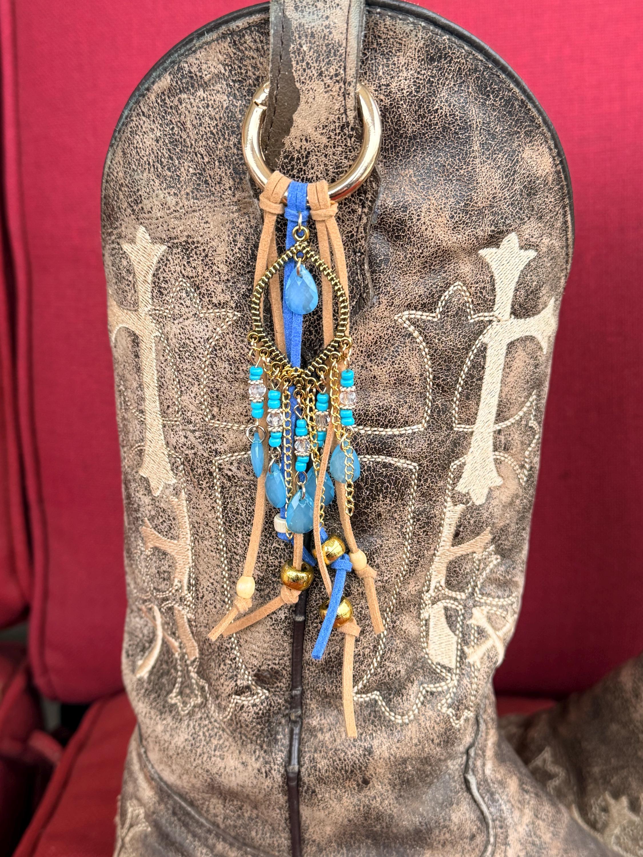 Blue & Gold Leather Fringe Boot Toppers with Beaded Charm (Set of 2)