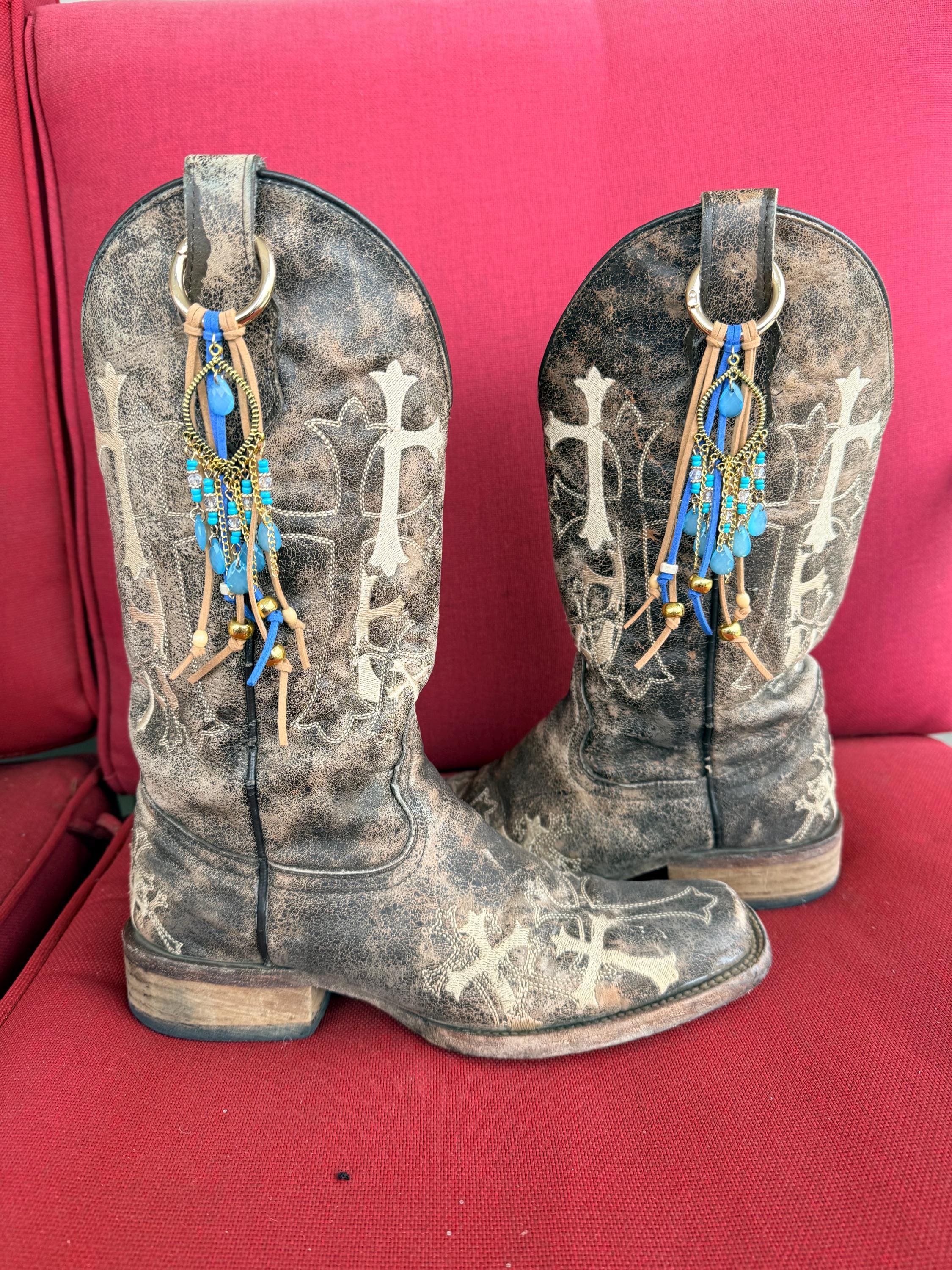 Blue & Gold Leather Fringe Boot Toppers with Beaded Charm (Set of 2)