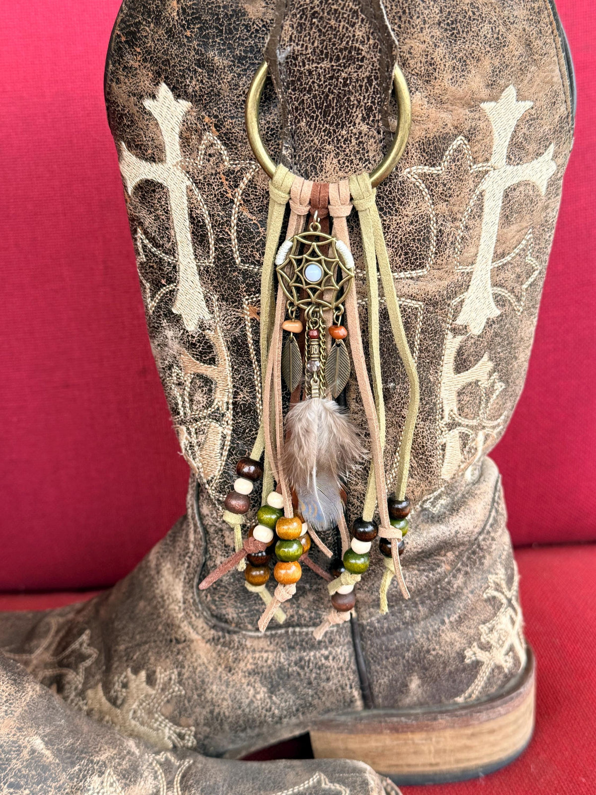 Western Boho Leather Fringe Boot Toppers with Dream Catcher Charm (Set of 2)