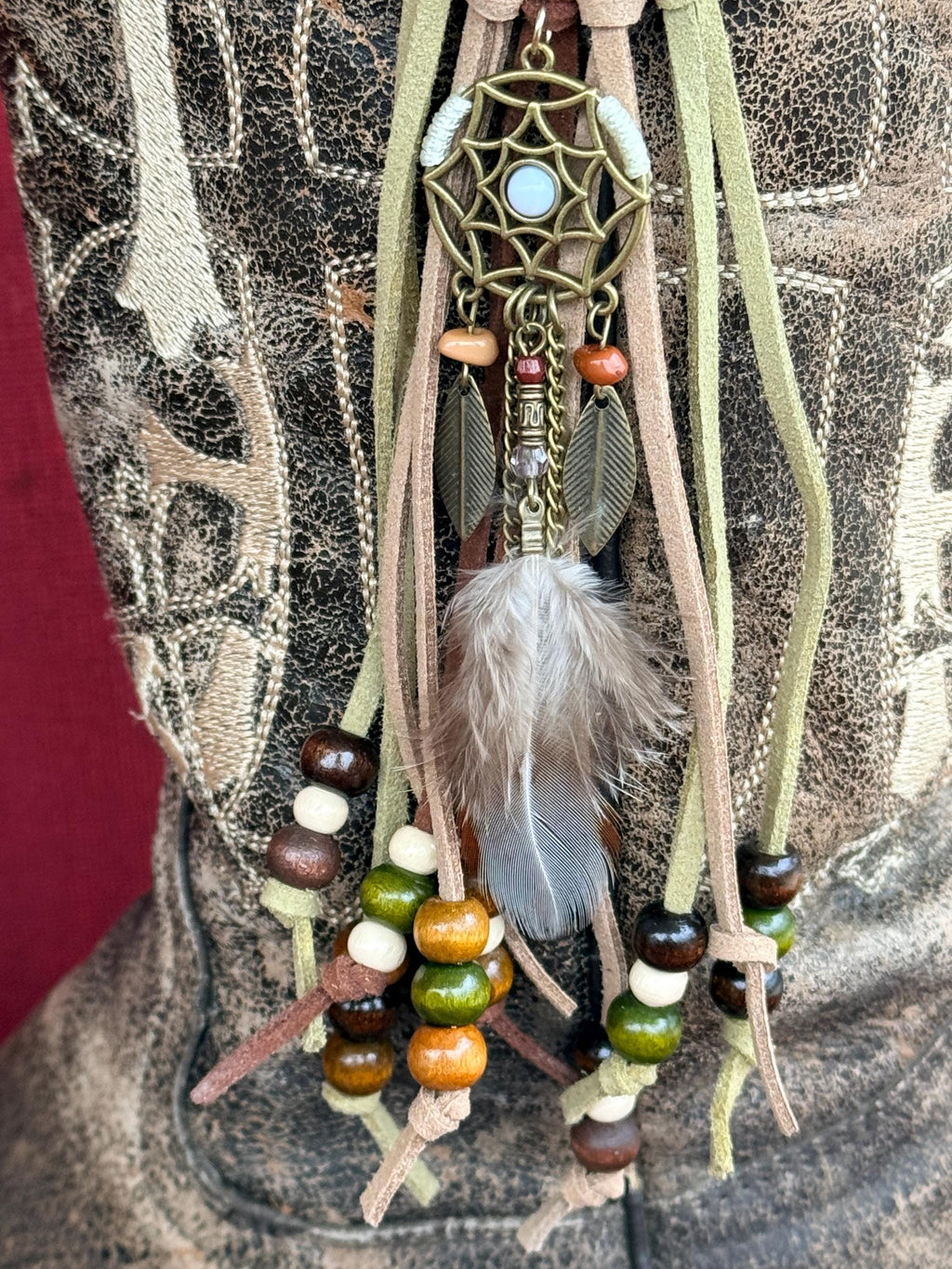 Western Boho Leather Fringe Boot Toppers with Dream Catcher Charm (Set of 2)