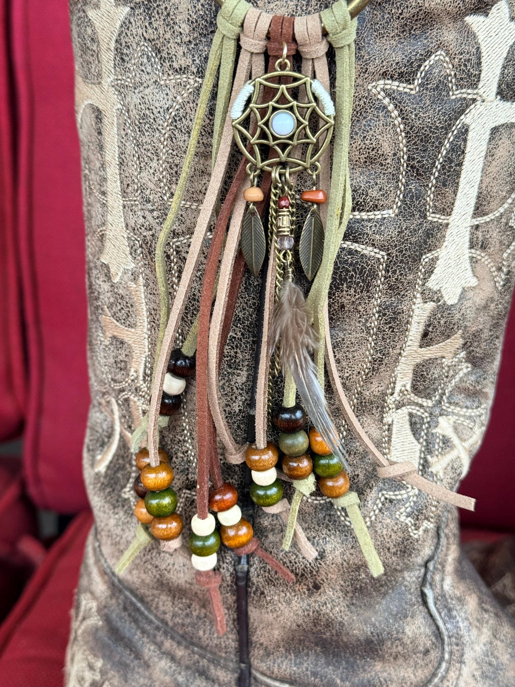 Western Boho Leather Fringe Boot Toppers with Dream Catcher Charm (Set of 2)
