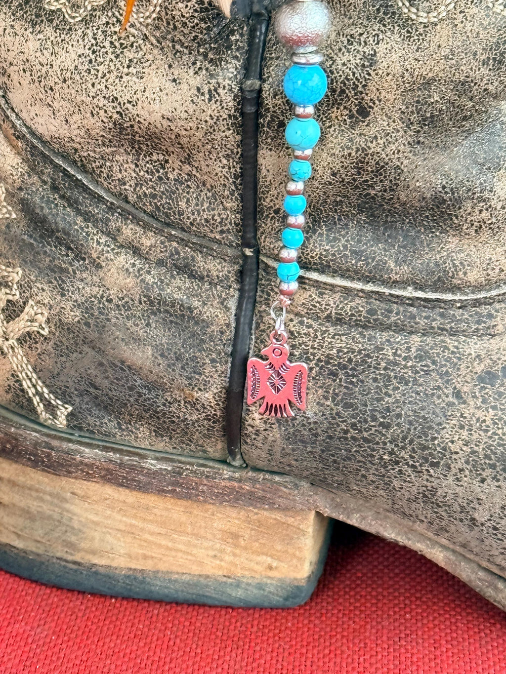 Western Boho Feather Boot Topper with Turquoise Beads & Southwest Charm (Single)