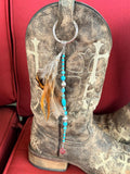 Western Boho Feather Boot Topper with Turquoise Beads & Southwest Charm (Single)