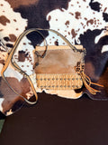 NEW! P & G Western Collection Leather Crossbody Handbag Purse With Hair On Cowhide. Has a hair on cheetah print cactus and leather fringe