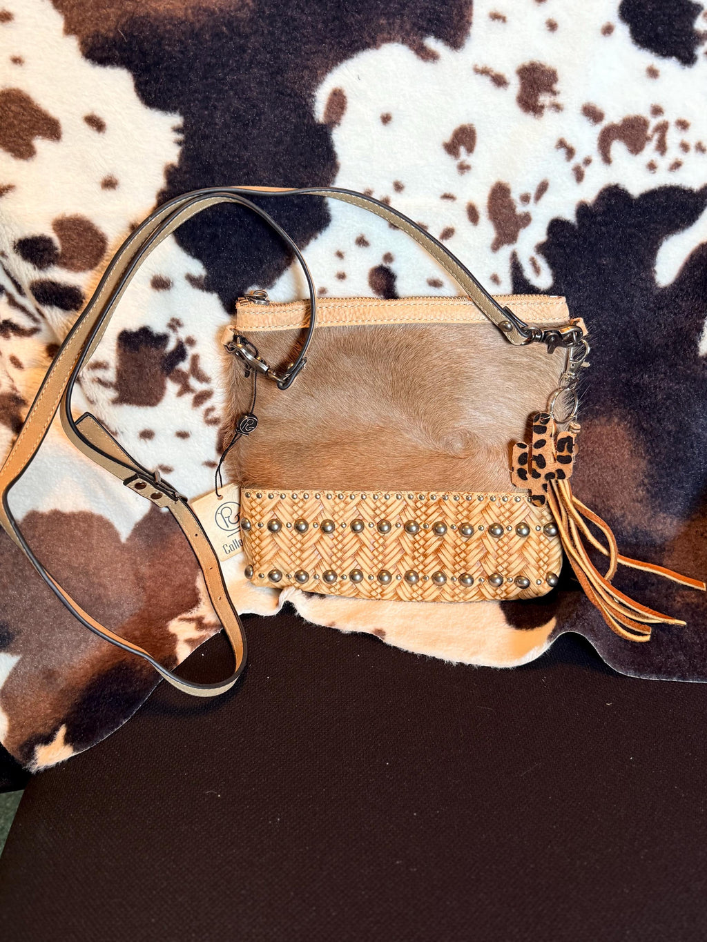 NEW! P & G Western Collection Leather Crossbody Handbag Purse With Hair On Cowhide. Has a hair on cheetah print cactus and leather fringe