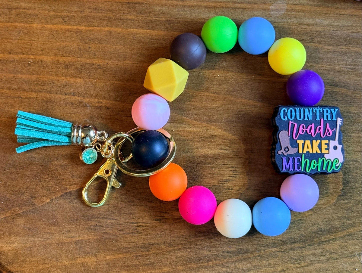 Western Silicone Beaded Wristlet Bracelet Keychain | Leather Tassel & Crystal Accent | Cowgirl Style
