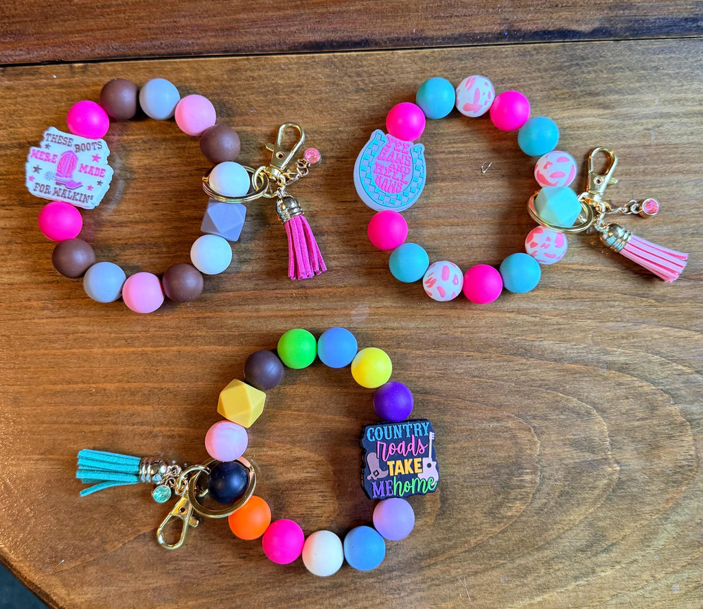 Western Silicone Beaded Wristlet Bracelet Keychain | Leather Tassel & Crystal Accent | Cowgirl Style