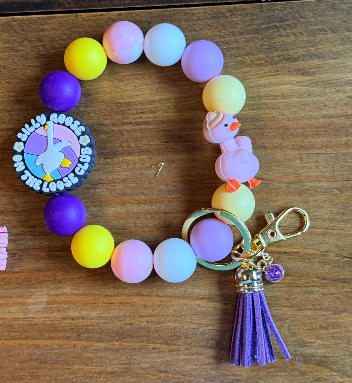 Silly Goose Silicone Beaded Wristlet Bracelet Keychain with Leather Tassel & Crystal Accent