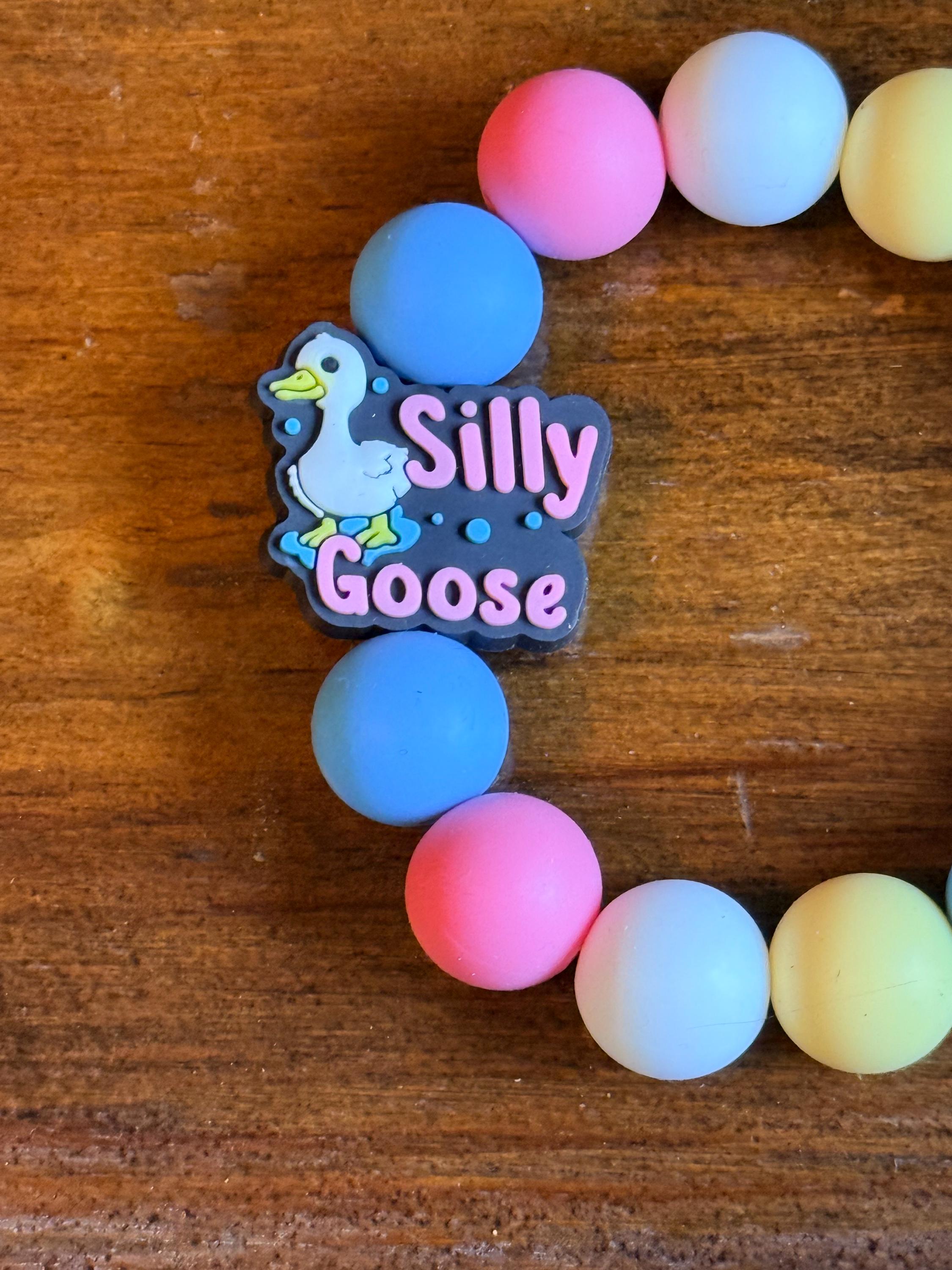 Silly Goose Silicone Beaded Wristlet Bracelet Keychain with Leather Tassel & Crystal Accent