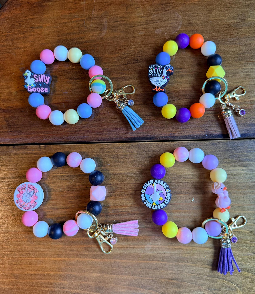 Silly Goose Silicone Beaded Wristlet Bracelet Keychain with Leather Tassel & Crystal Accent