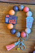 Coffee Lover Brown Coffee Cup Silicone Beaded Wristlet Bracelet Keychain | Leather Tassel & Crystal Jewel
