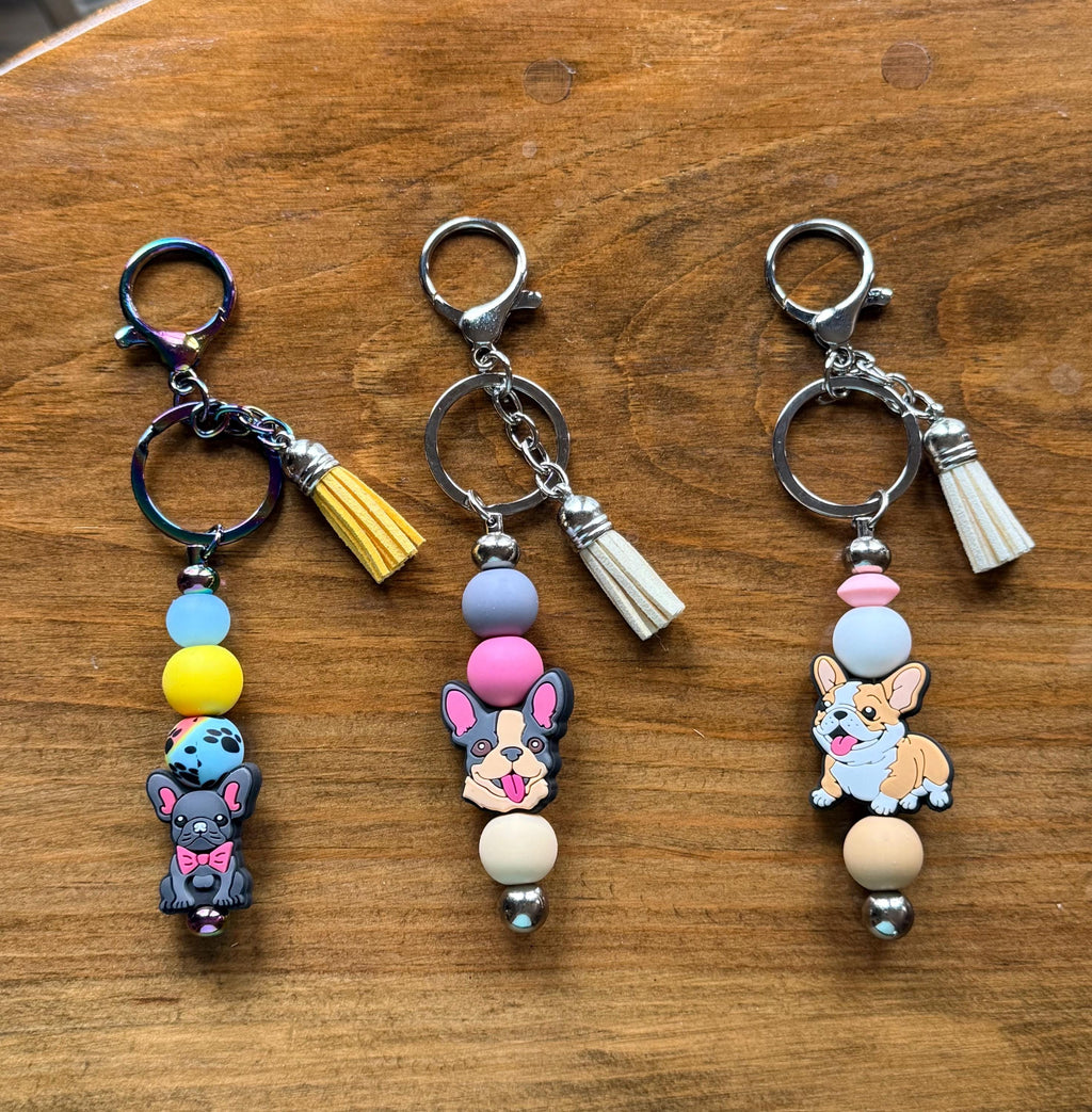 French Bulldog Silicone Beaded Keychain with Leather Tassel | Black, Tan & Frenchie Head Designs