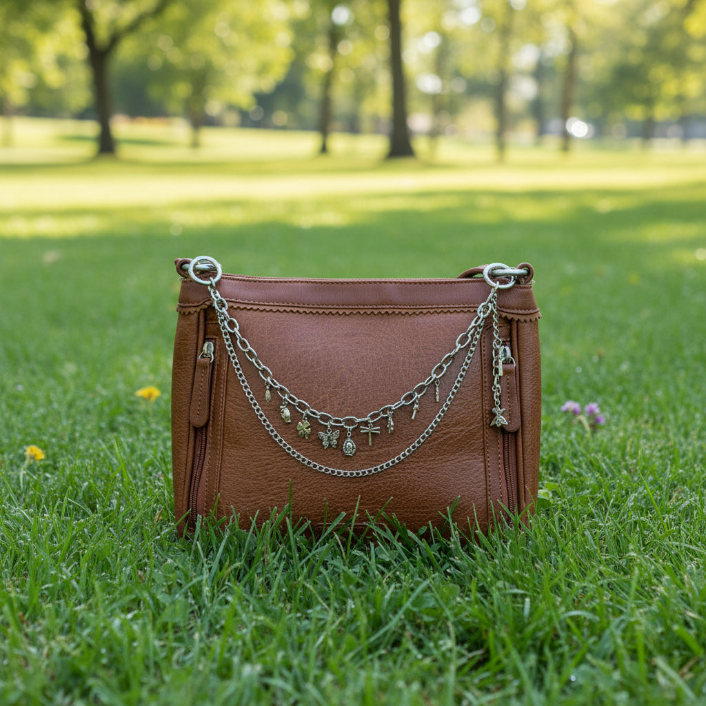 Front view of tan distressed Bandana leather crossbody bag on cowhide rug with two-strand gold-tone purse chain featuring large oval link chain and delicate curb chain with seven gold charms including four-leaf clover, butterfly, dragonfly, feather, arrow, key, and padlock, Western boho handbag jewelry
