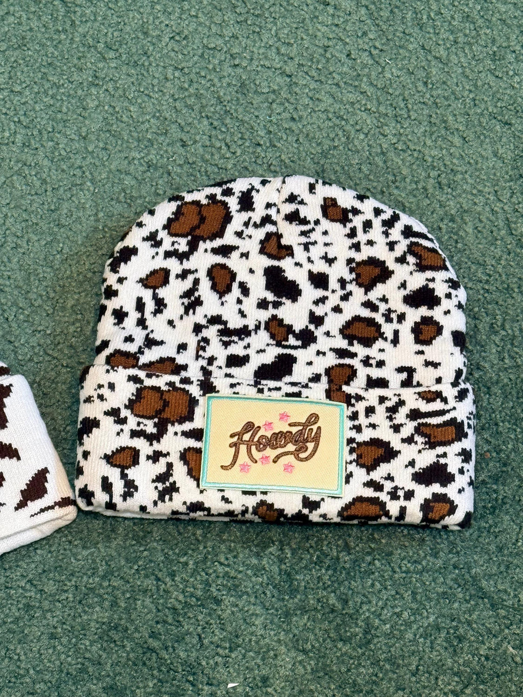 Western Animal Print Beanie with Howdy Patch – Cowgirl Winter Hat