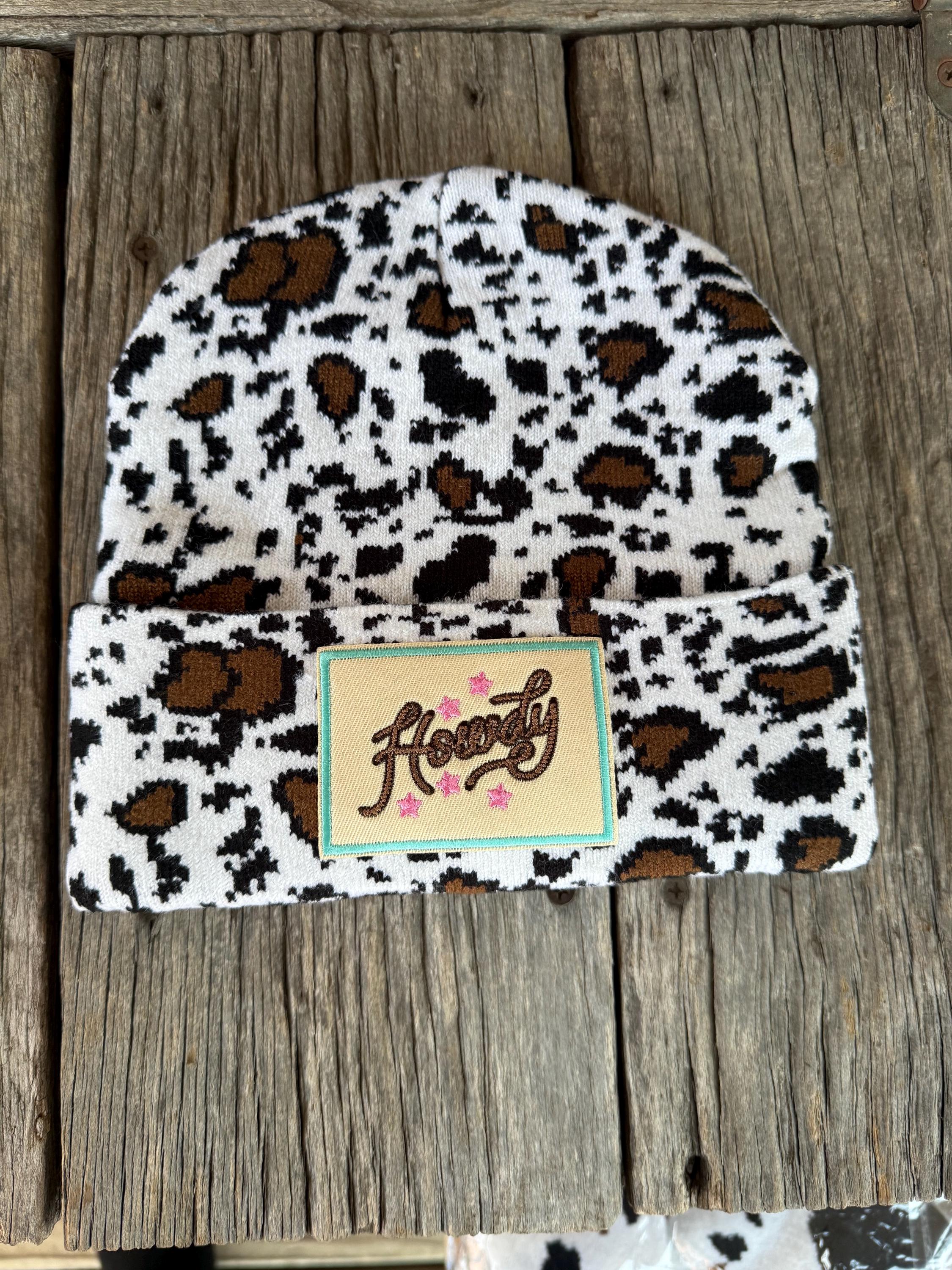 Western Animal Print Beanie with Howdy Patch – Cowgirl Winter Hat