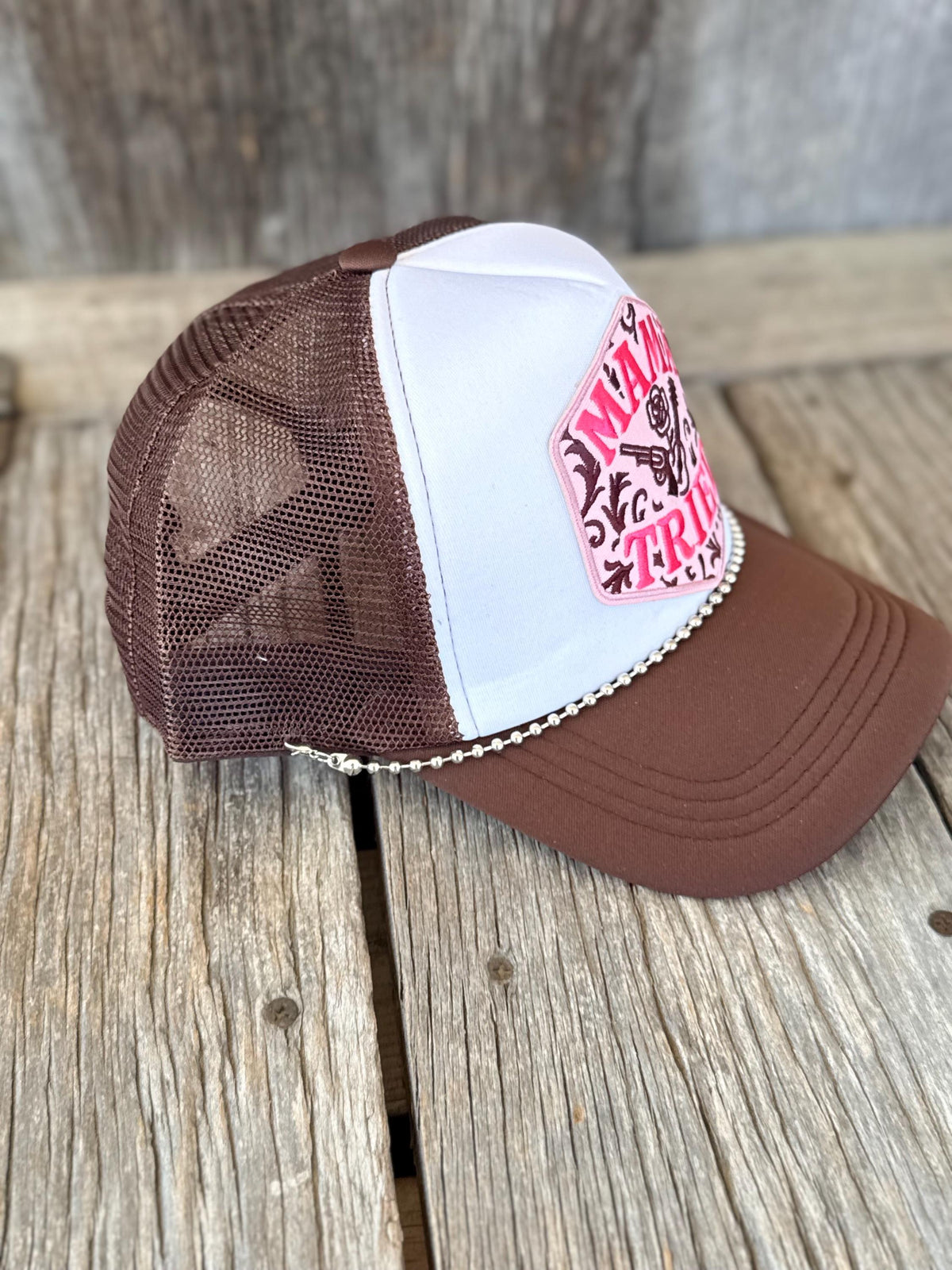 Brown Outlaw Country Trucker Hat | Iron-On Patch | Silver Hat Chain | Western Cowgirl Concert Hat