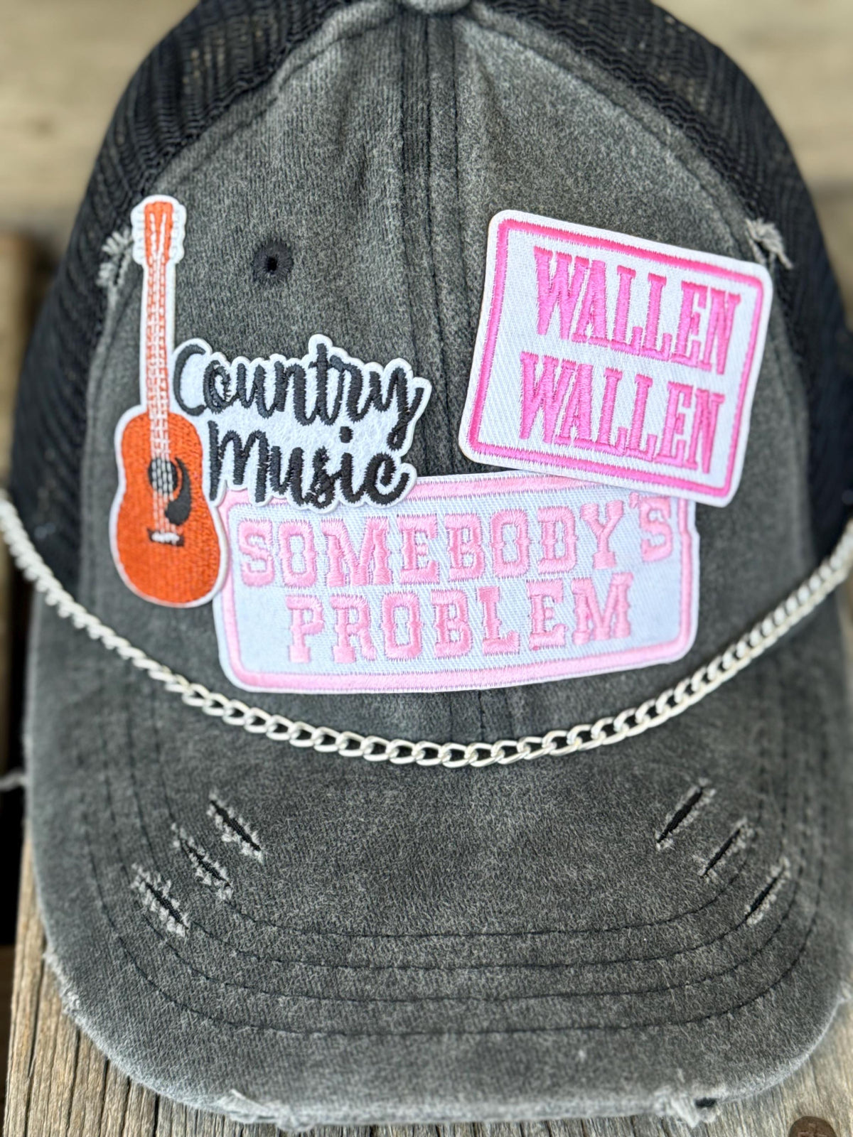 Black Distressed Guitar Patch Ponytail Trucker Hat | Silver Hat Chain | Western Country Music Concert Hat