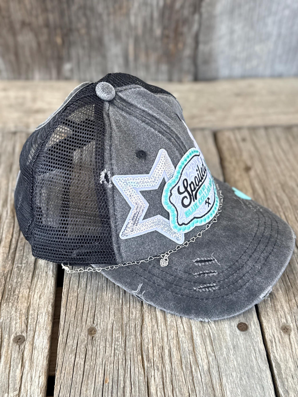 Distressed Trucker Hat | Spoiled By My Blue Collar Man | Glitter Stars, Hearts & Lil Bougie Patches | Ponytail Hat with Hat Chain